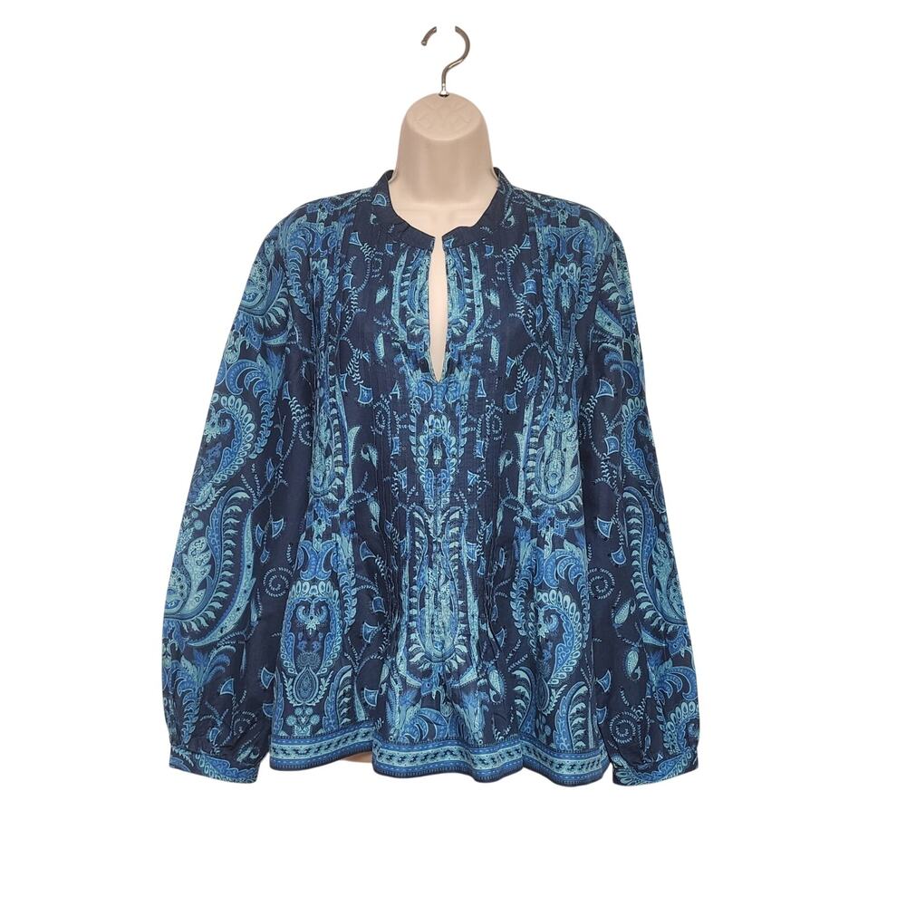 Talbots Women's Florral Paisley Blue Long Sleeve Tunic Blouse Size XL
